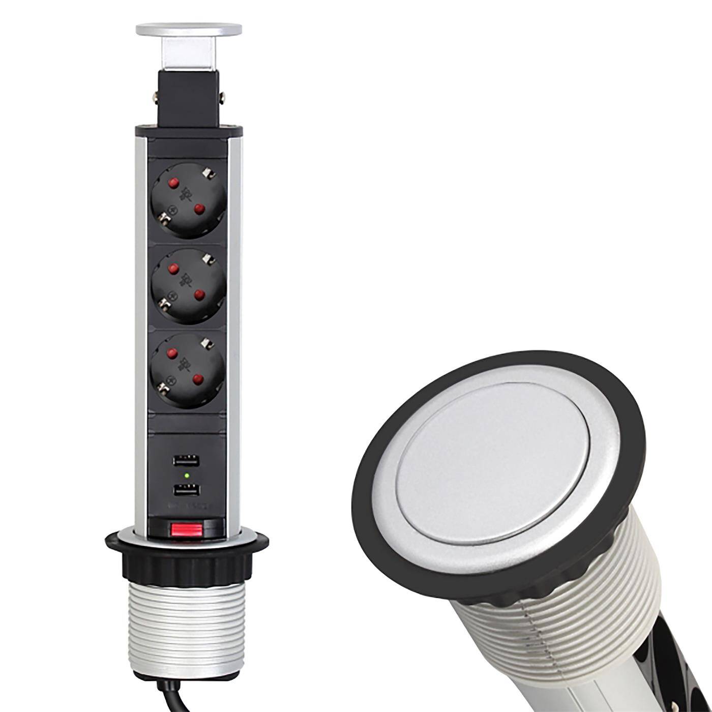 Lumonic LiftBox 3x Schuko Steckdose + 2x USB 2,4A Tischsteckdose Aluminium I 3 Steckdosen mit 230V im Tower max. 3600W I Mit Bohrloch-Größe 107mm Ideal für den Einbau