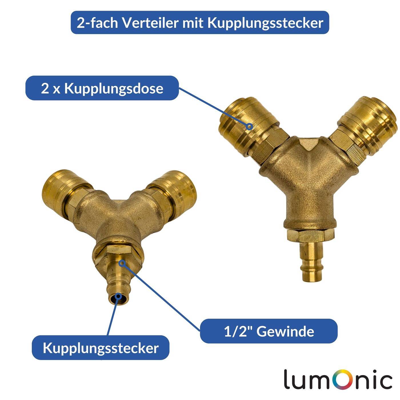 Lumonic I Compressed air distributor 2-fold I complete with coupling plug I made of brass I Female thread 1/2" I Compressed air diverter I Quick coupling I Multiple distributor I for workshops, businesses and DIY enthusiasts