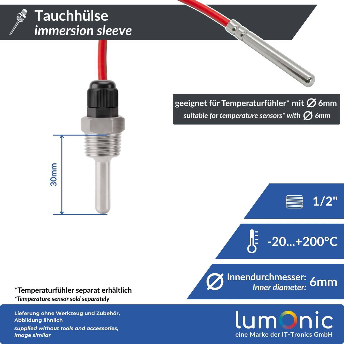 Lumonic Set of 2 immersion sleeves V2A stainless steel 1/2 inch | 30mm Installation length | Perfect fit for 6mm temperature sensors | for buffer storage, heating, solar + smart home
