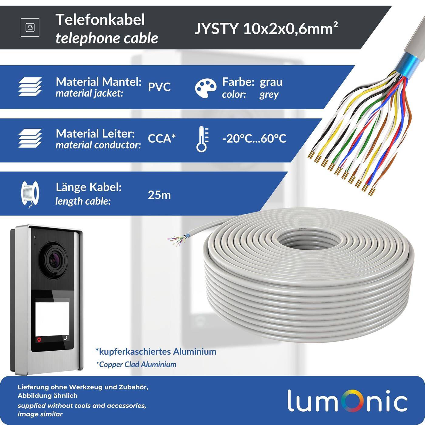 Lumonic Telefonkabel JYSTY grau | 10x2x0,6mm CCA | 25m | farbcodiert & geschirmt | Metermarkierung | Fernmeldekabel, Telefonanschlusskabel