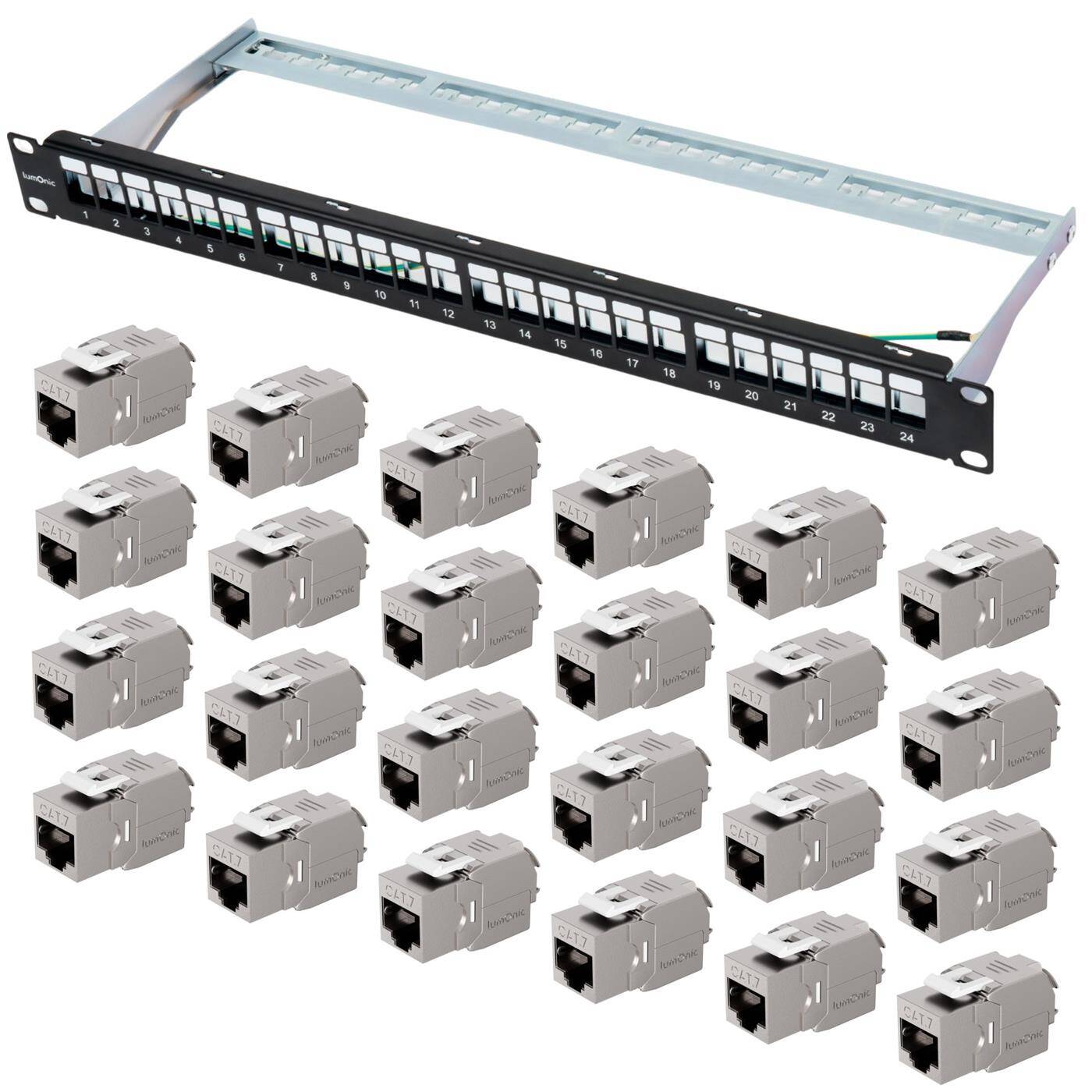 19" Patch panel CAT7 Keystone set, 24 Port, 1U with labeling field, incl. 24x CAT7 modules tool-free, 10 Gbit/s, Rack mounting, Black patch panel, Cable management, 10 Gbit/s &amp; PoE