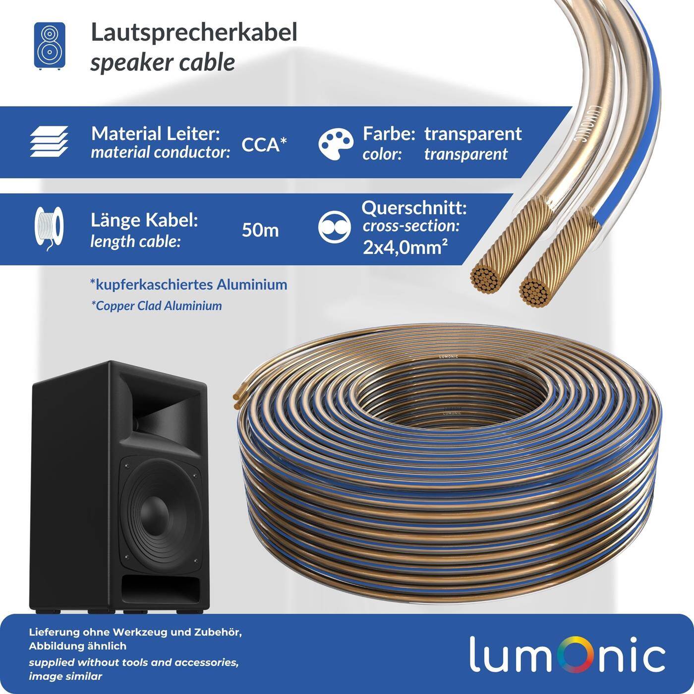 Lumonic Lautsprecherkabel | 50m Transparent | 2x 4mm² CCA | blaue Markierung HiFi Boxenkabel | Audio Zwillingsleitung