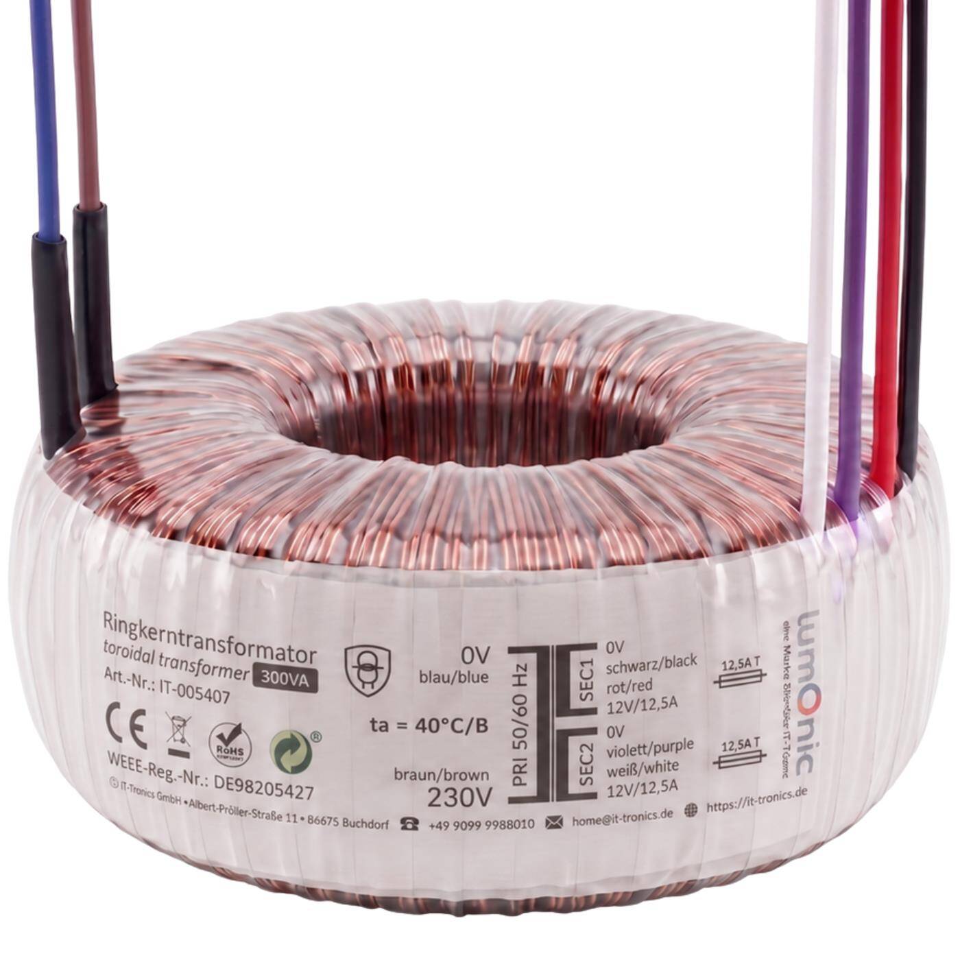 Lumonic Ringkerntrafo Transformator 300VA | Primär 230V AC | Sekundär 2x 12V AC oder 1x 24V AC | Brummarm | Transformator für HiFi Audio Verstärker