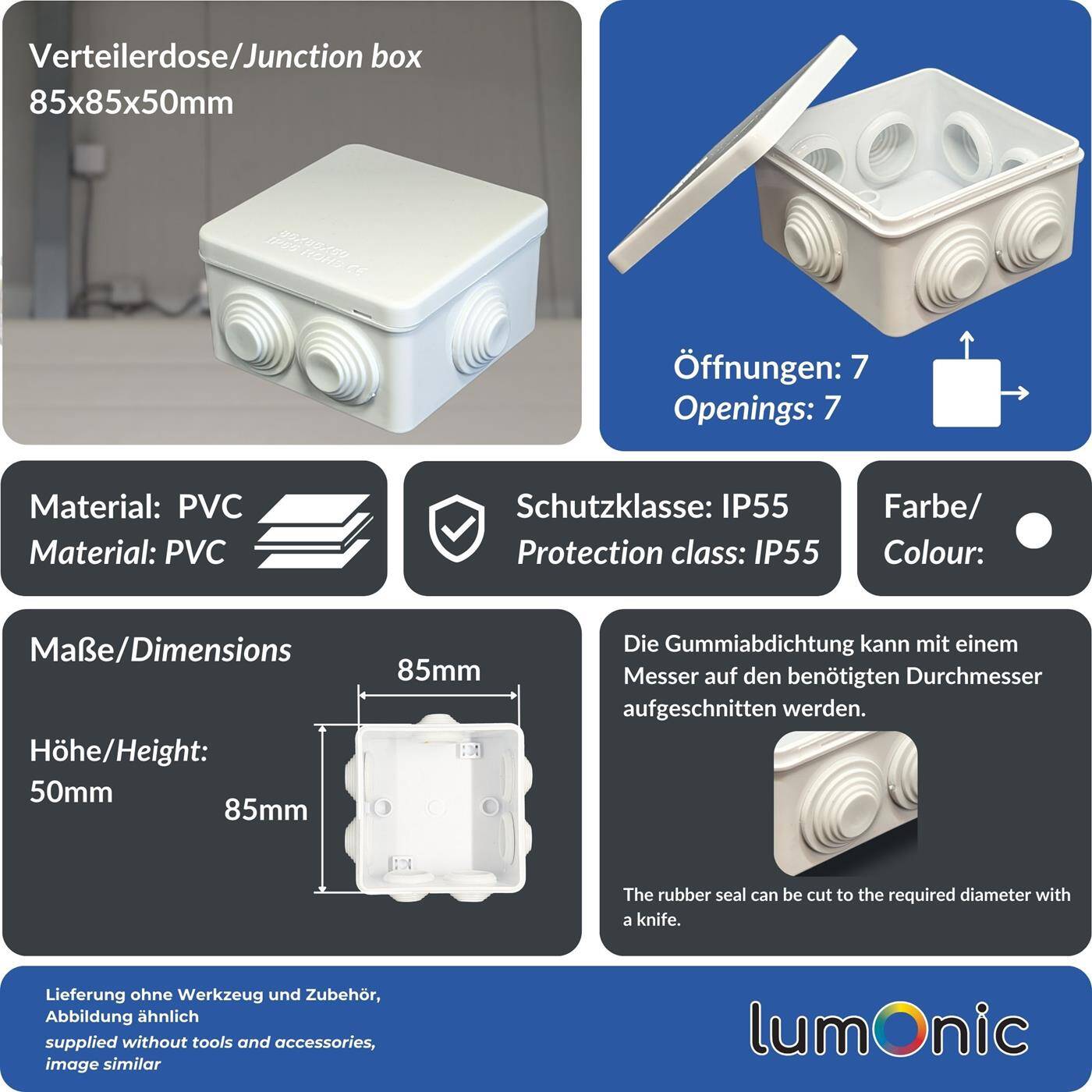 Verteilerdose Aufputz IP55 85x85x50mm 7 Öffnungen Abzweigdose Wasserdicht Weiß Anschlussdose Klemmdose