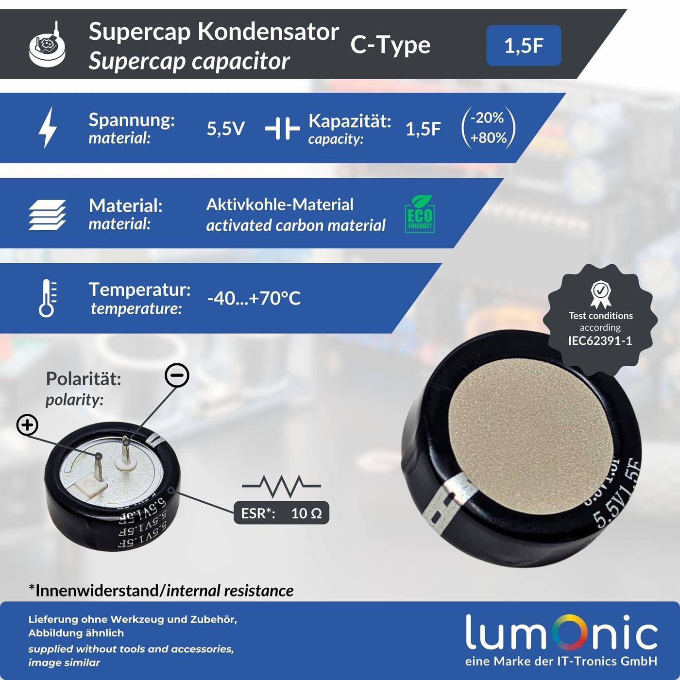 Supercap 1,5F 5,5V C-Type, EDLC for direct use, high capacity, 5.5V monoblock - no balancing necessary, flicker protection, backup, Arduino, PLC, heating
