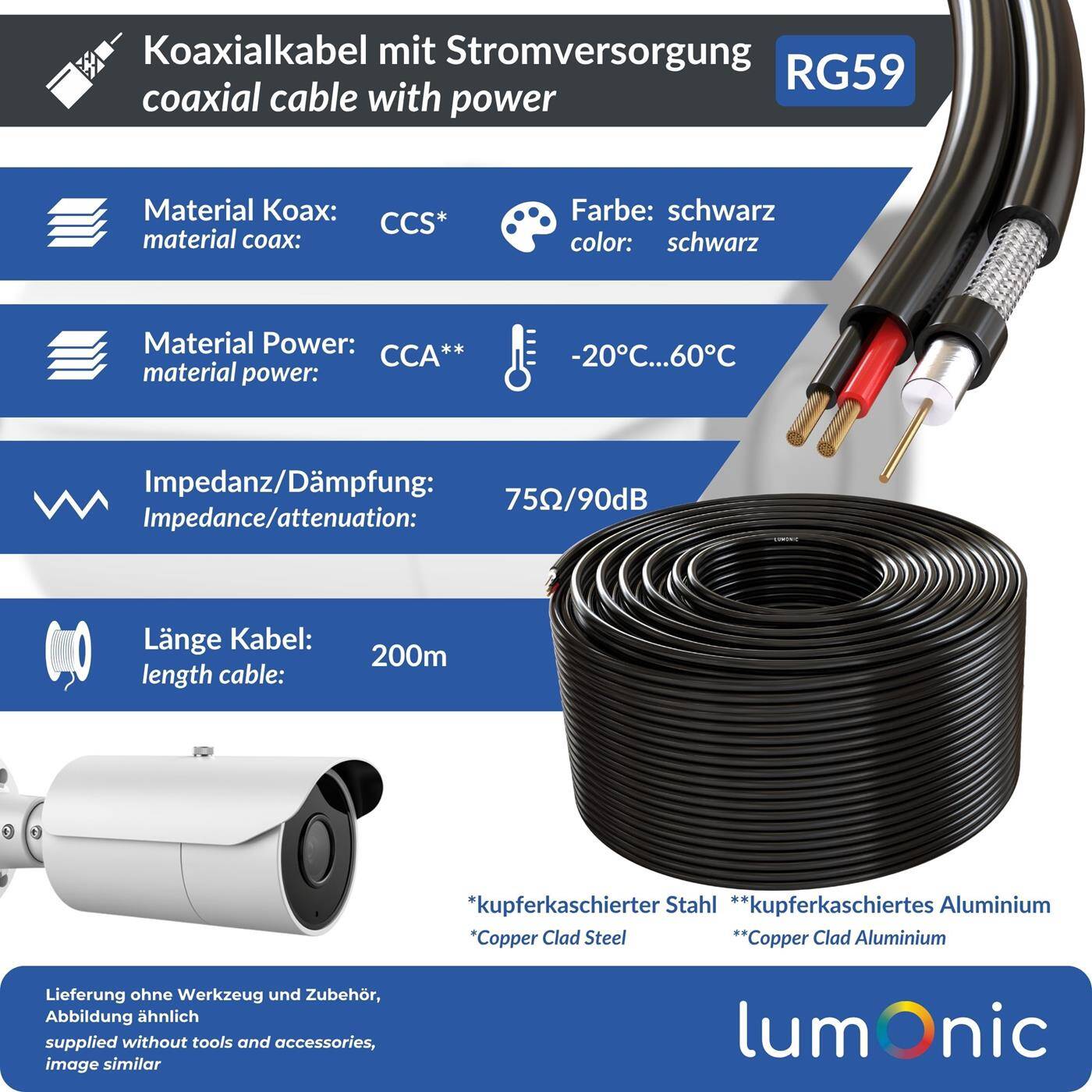 200m RG59 Koaxialkabel auf Holzspule CCTV Überwachungskabel mit Power 75 Ohm 90dB Video + Strom