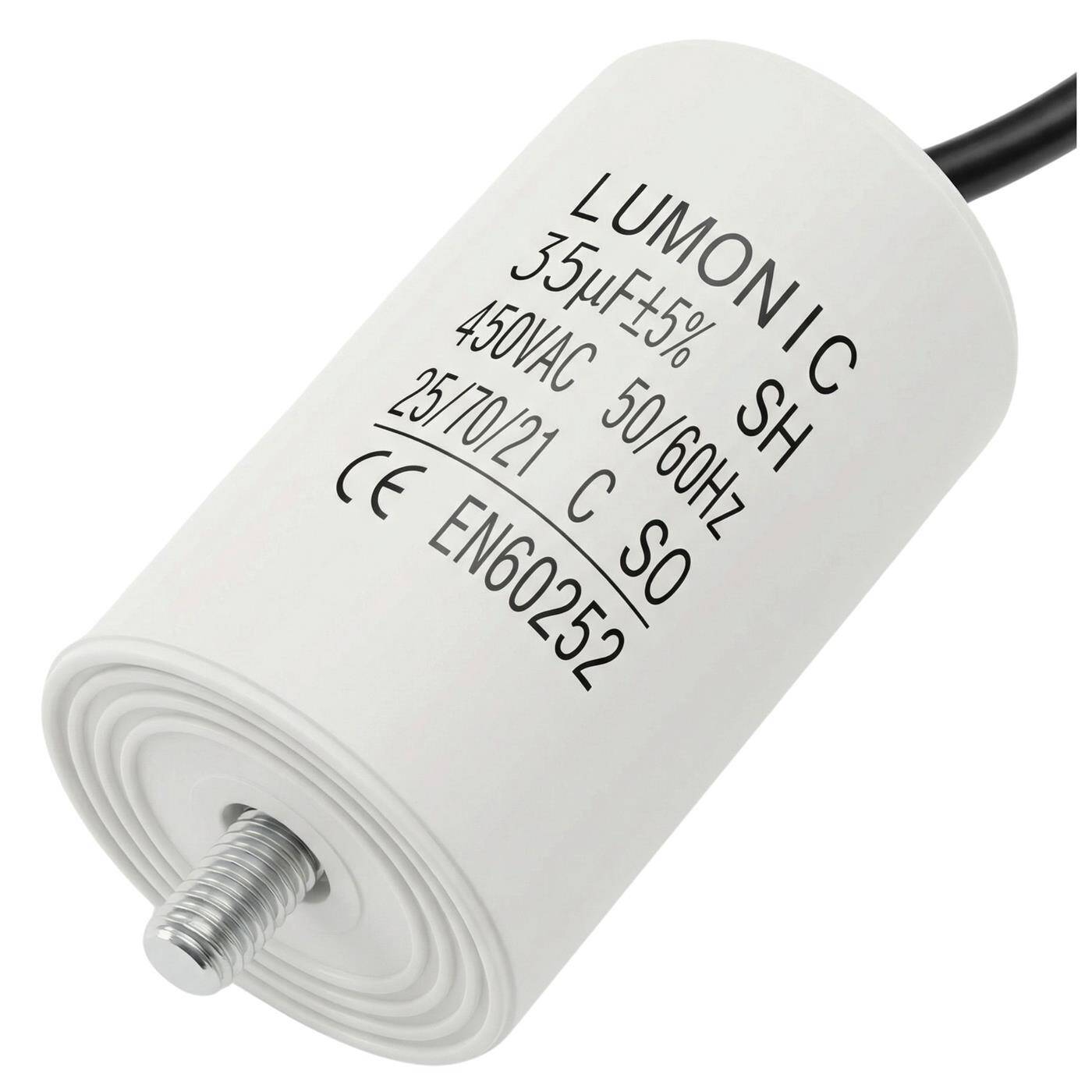Lumonic Anlaufkondensator 35µF 450V | mit Kabel I 45x75mm I 35uF I Motorkondensator mit Kunststoffgehäuse I Betriebskondensator I für Pumpen, Rasenmäher, Werkzeuge
