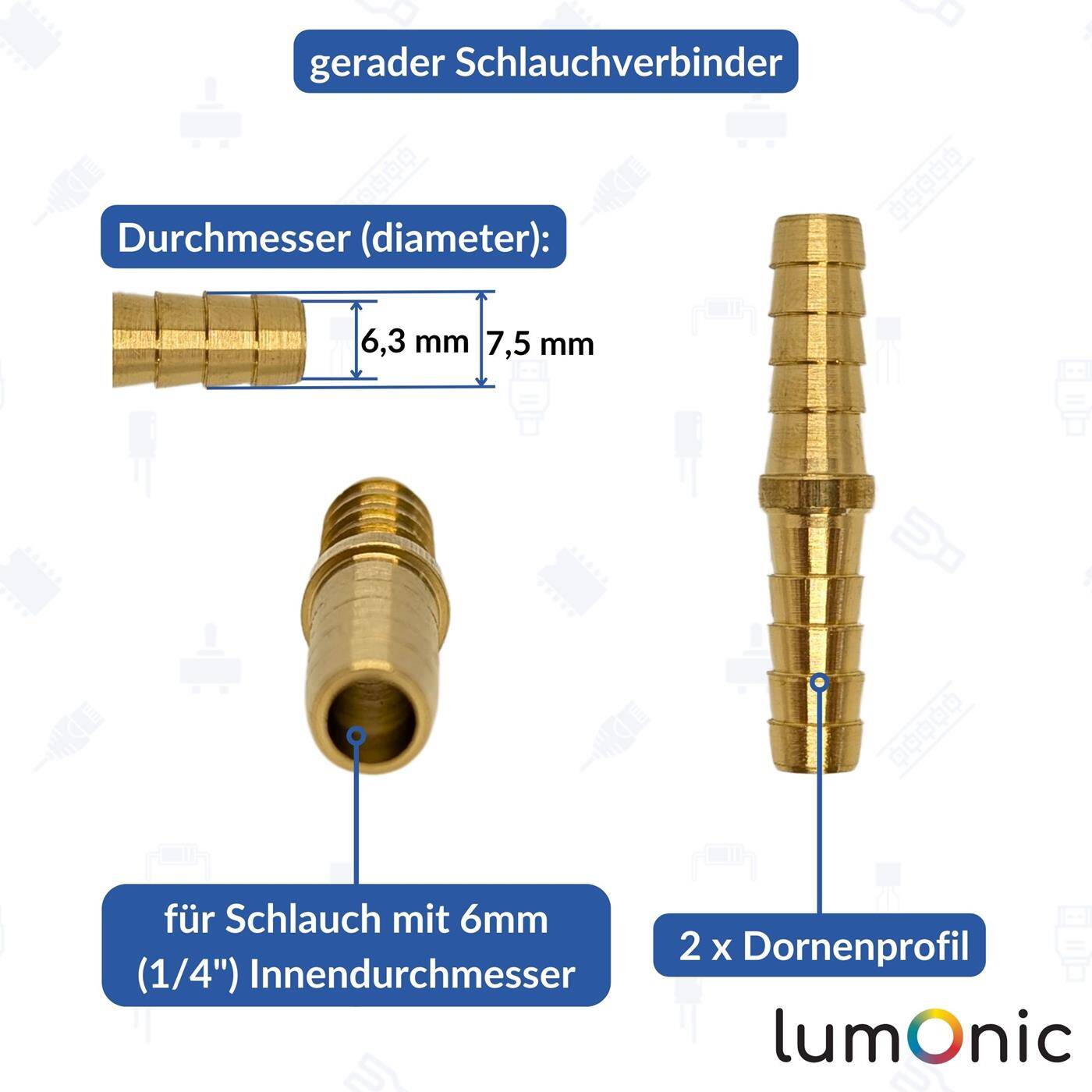 gerader Schlauchverbinder für 6mm (1/4") Schlauch aus Messing I-Verbinder I-Stück mit Dornenprofil Druckluft & Wasser für Werkstätten, Betriebe und Heimwerker