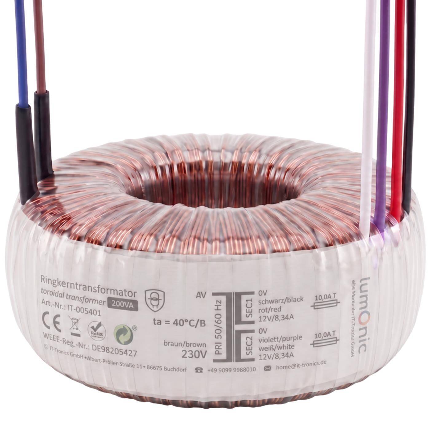 Lumonic Ringkerntrafo Transformator 200VA | Primär 230V AC | Sekundär 2x 12V AC oder 1x 24V AC | Brummarm | Transformator für HiFi Audio Verstärker