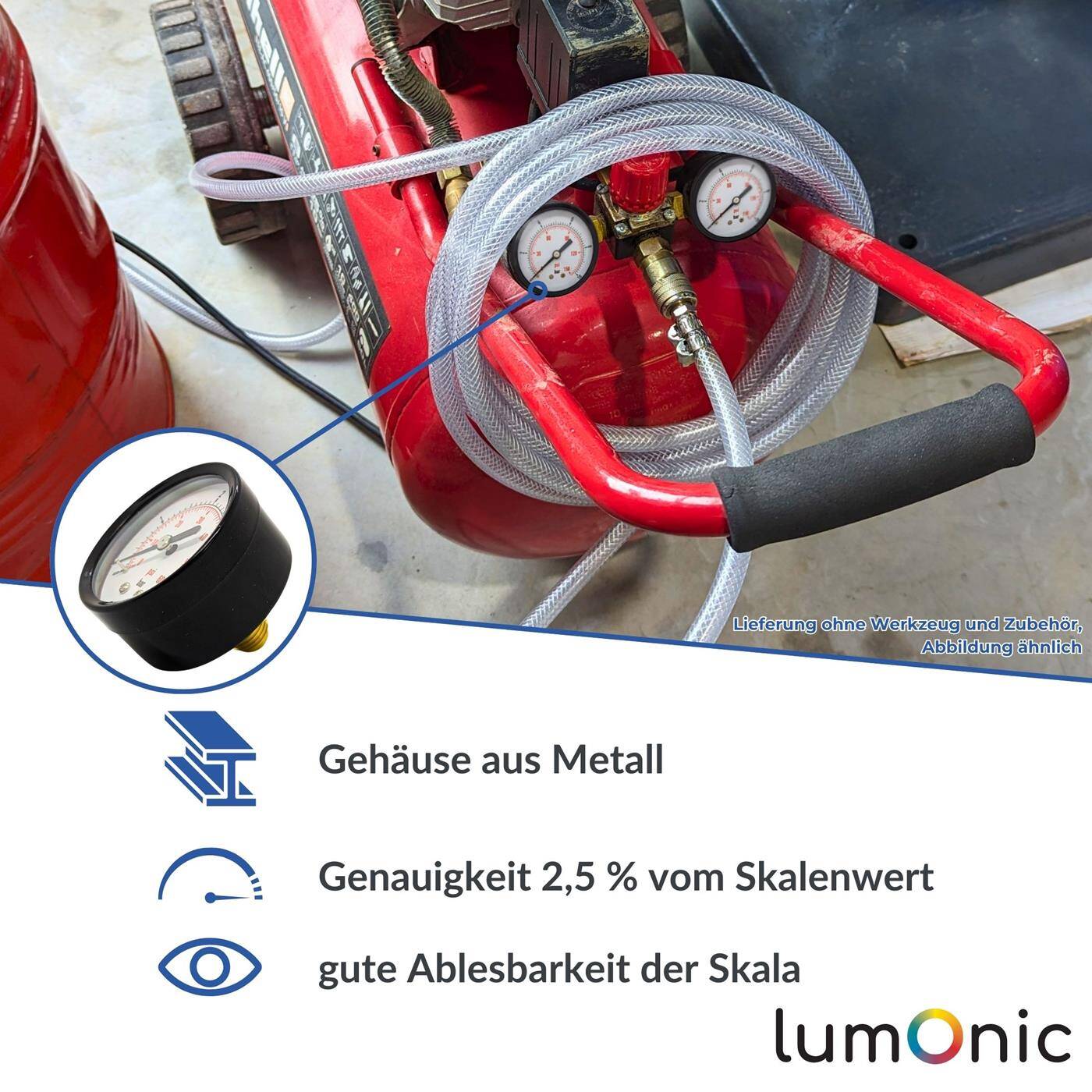 Lumonic I Manometer 0-16bar I 1/4 Zoll I Klasse 2,5 I Anschluss hinten I Durchmesser 50mm I Druckmesser I für Druckluft und Wasser