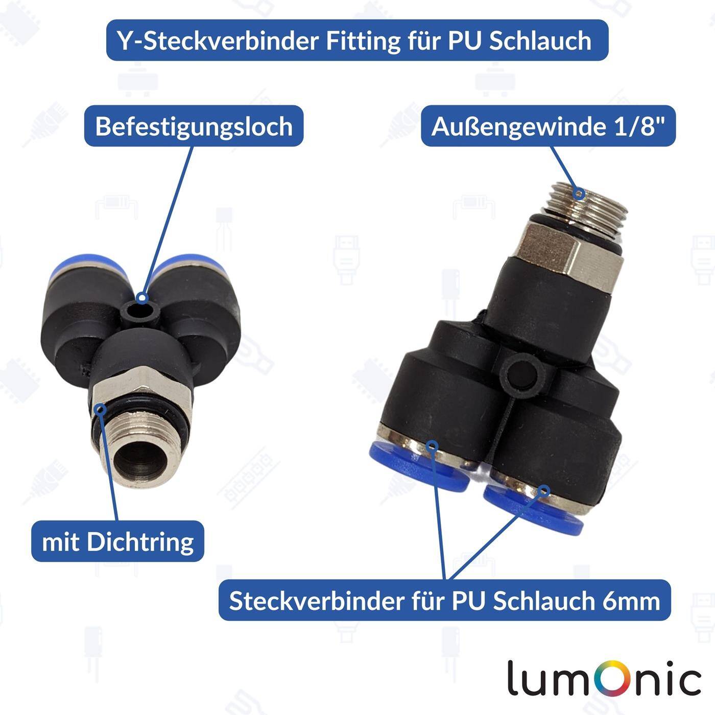 PU hose Y-connector fitting with external thread 6mm*1/8inch Y-piece Push-in Pneumatic plug connector Y-distributor Compressed air