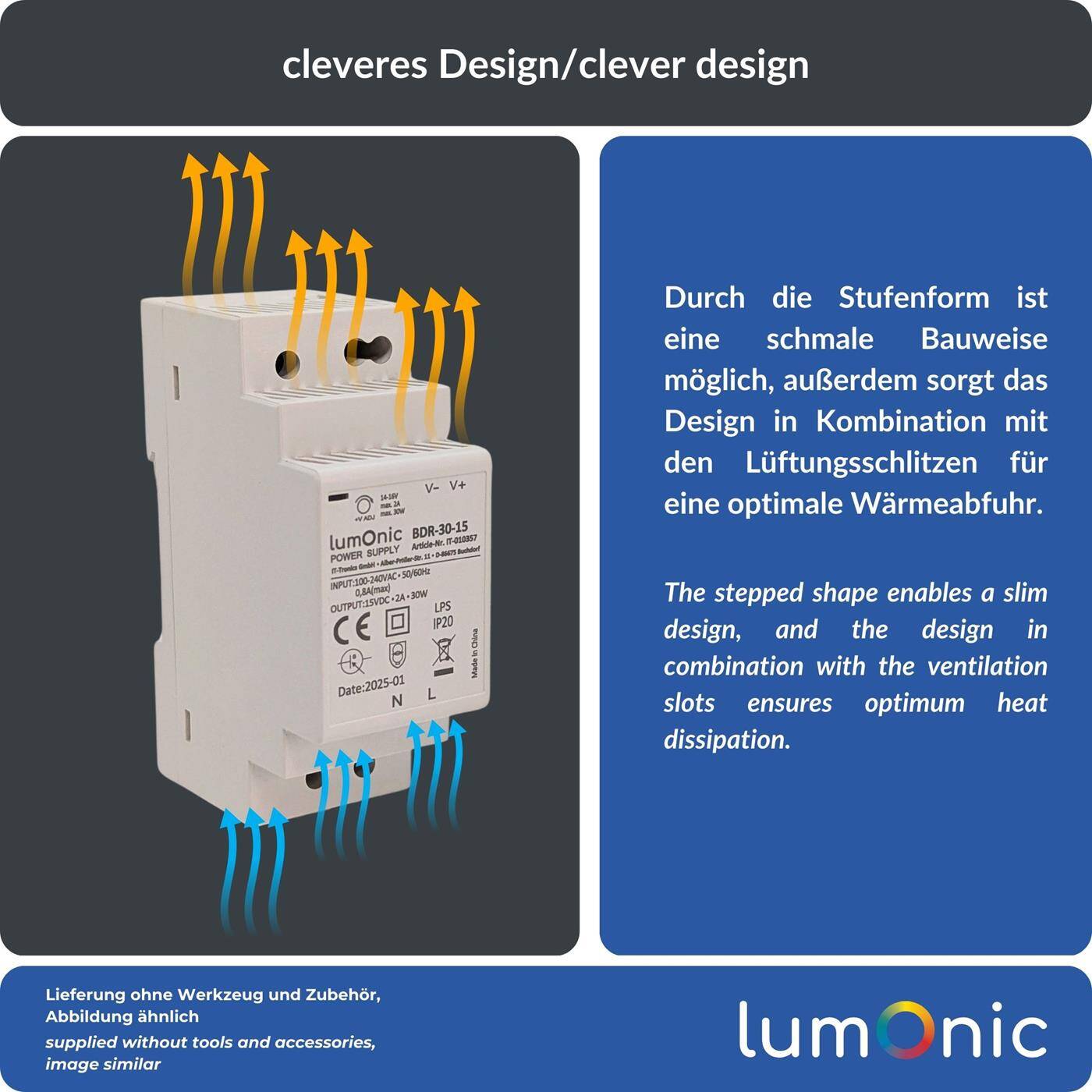 Lumonic I Netzteil Hutschiene BDR-30-15 I 15V / 30W I Input 100-240VAC I Überlastschutz & kurzschlussfest I DIN-Rail Schaltnetzteil I Schaltschrank & Verteilerkasten