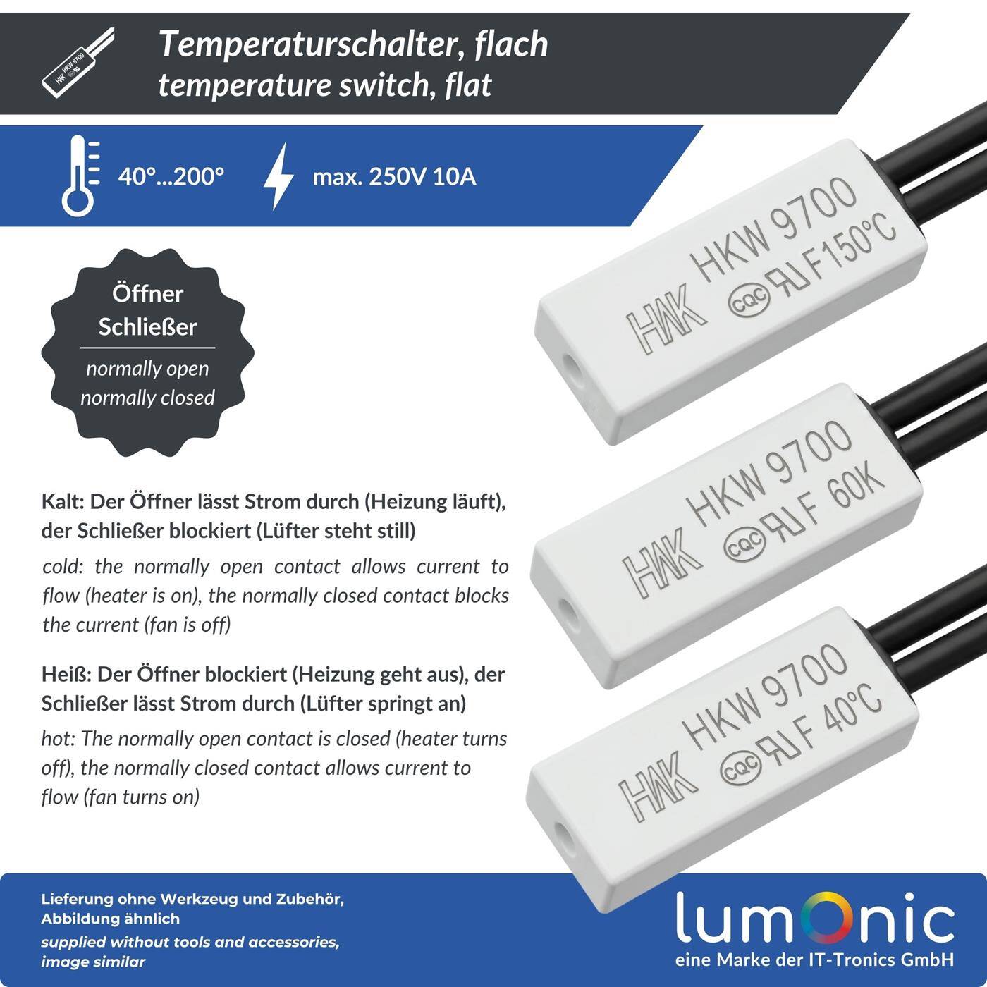Lumonic Thermoschalter 40°C Öffner 250V 5A Kabel Temperaturschalter Thermostat HKW9700 Bimetall Thermoschutz