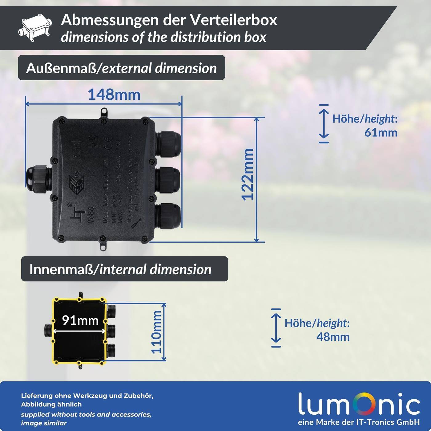 Lumonic 4-way junction box watertight IP68 | Fast, secure cable distribution | for cables 0.5-4mm² | UV-resistant, -40°C to+ 105°C | Junction box for outdoor, garden, underground cable