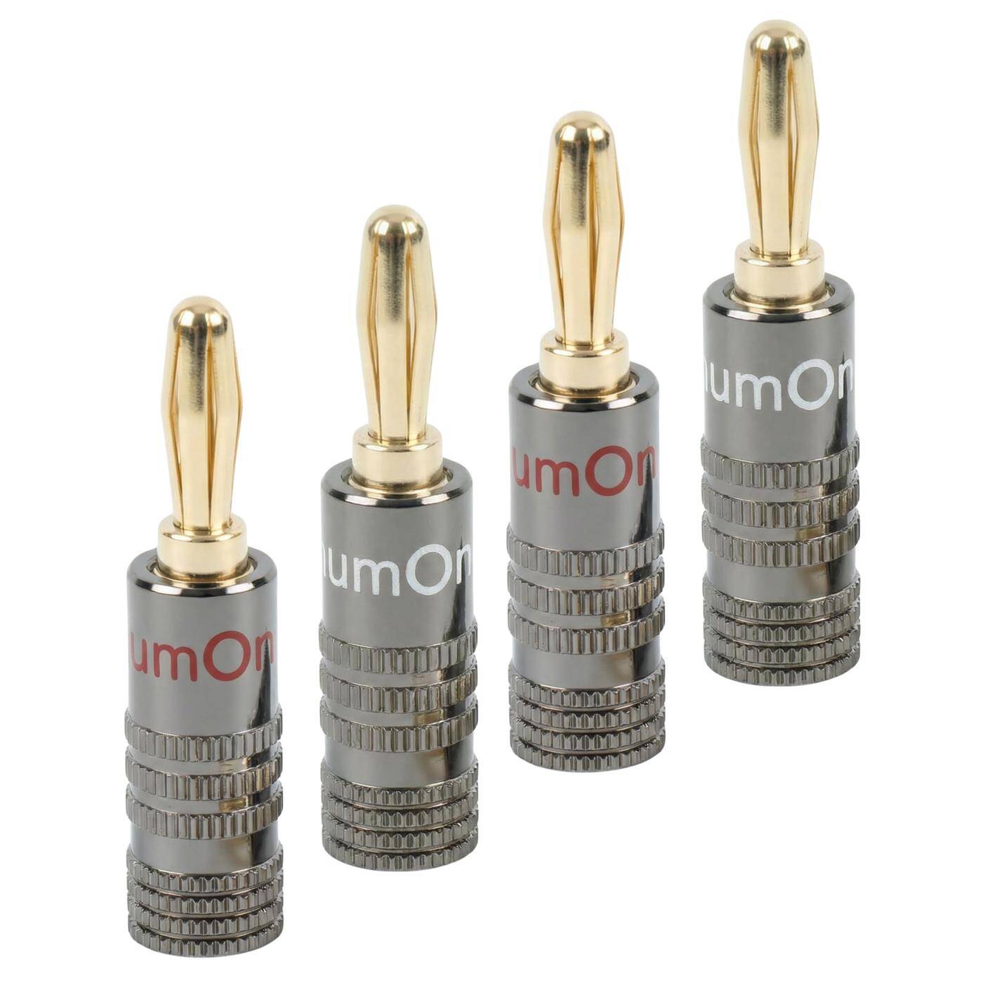 Set of 4 HiFi banana plugs gray, straight, screwable, gold-plated 4mm contacts, for 0.75mm²...4.0mm², Metal housing, for amplifier, loudspeaker, surround system