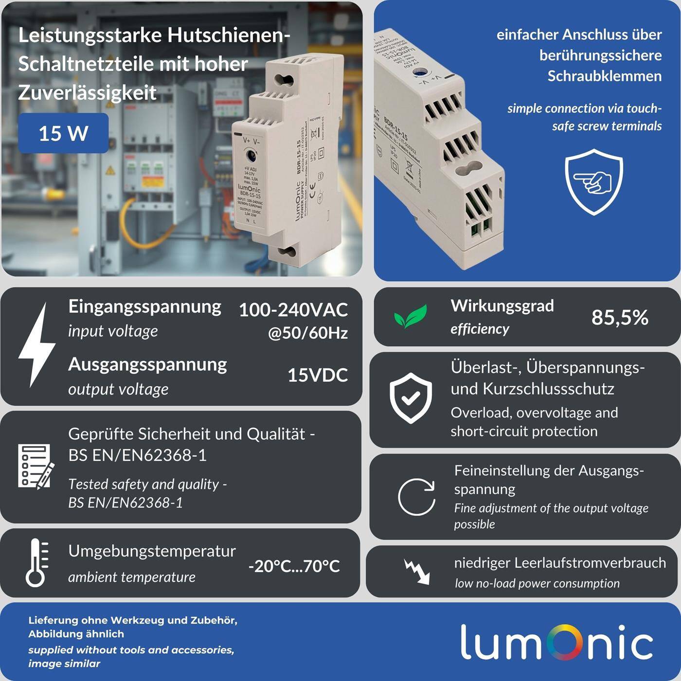 Lumonic I Top-hat rail power supply unit BDR-15-15 I 15V / 15W I Input 100-240VAC I Overload protection I DIN-Rail switching power supply I Switch cabinet