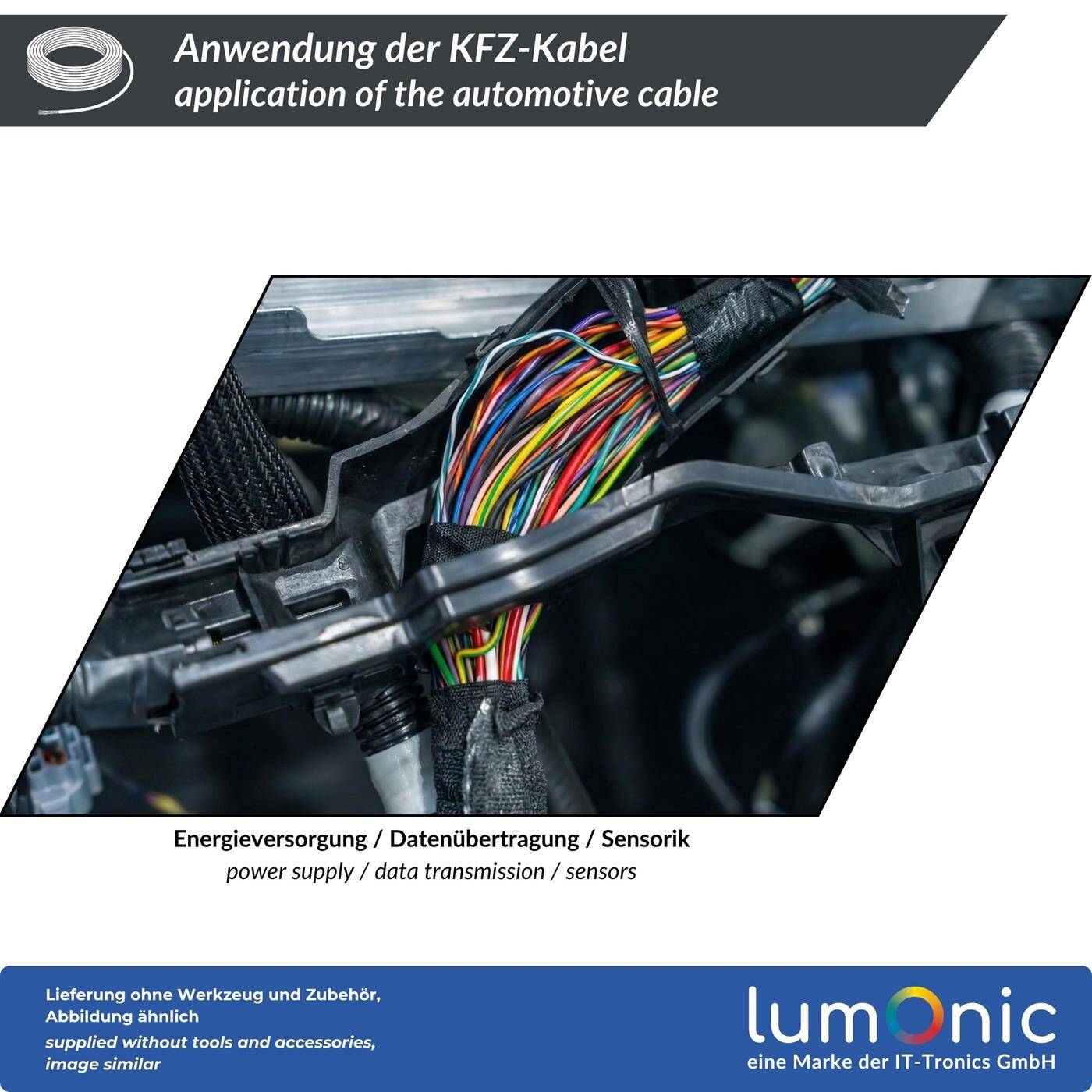 Lumonic 20m FLY Fahrzeugleitung 10mm² Schwarz | einadrige KFZ Litze | Öl- und Kraftstoffbeständig, flammwidrig | Niedervolt