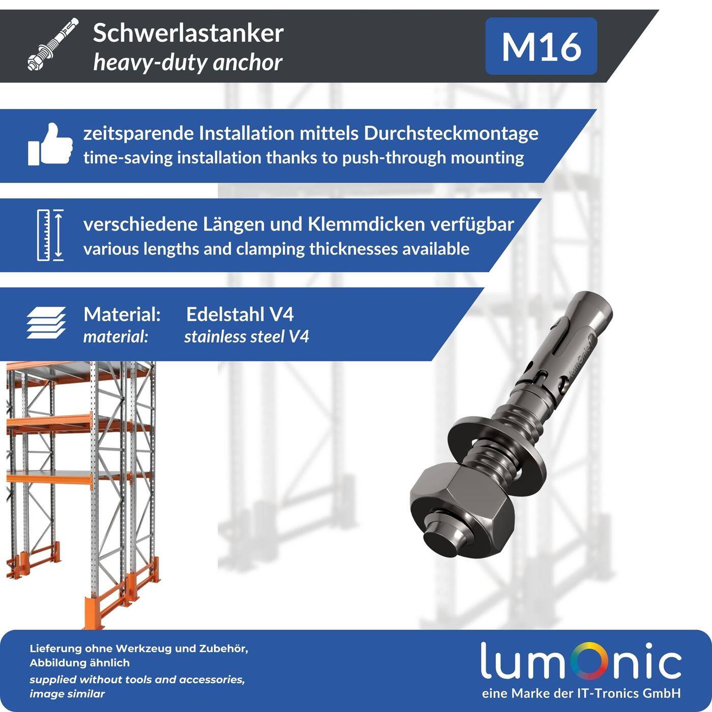 Lumonic Schwerlastdübel M16 x 115mm | hochwertige Edelstahl V2A Keilanker | Durchsteckmontage,  | Betonanker, Schwerlastanker | für Überdachungen, Geländer, Regale, Trennwände