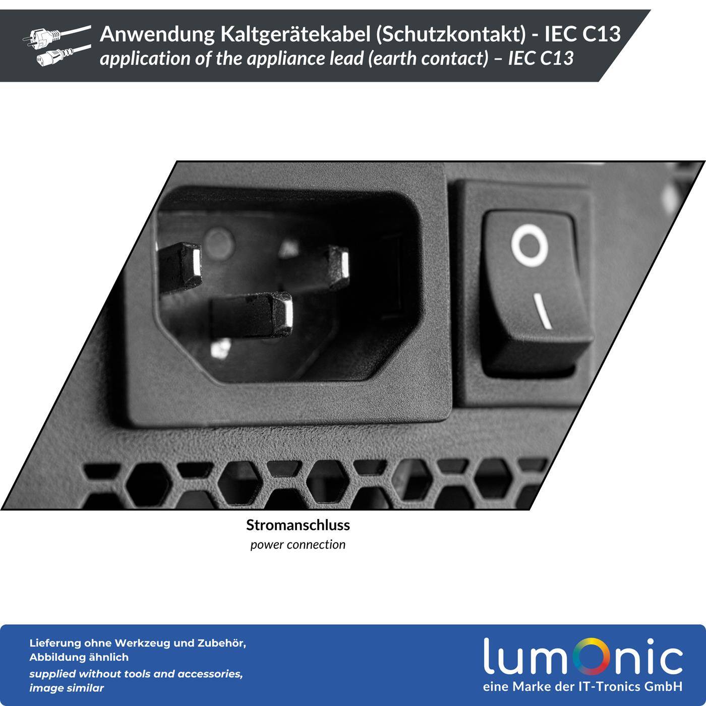Lumonic Kaltgerätekabel Schuko 90° auf C13 90° Gewinkelt, Schwarz 2 m, 230 V - Beidseitig gewinkelte Stecker, für Racks und Verteilerschränke, flache Kabelführung, Knickschutz an beiden Enden
