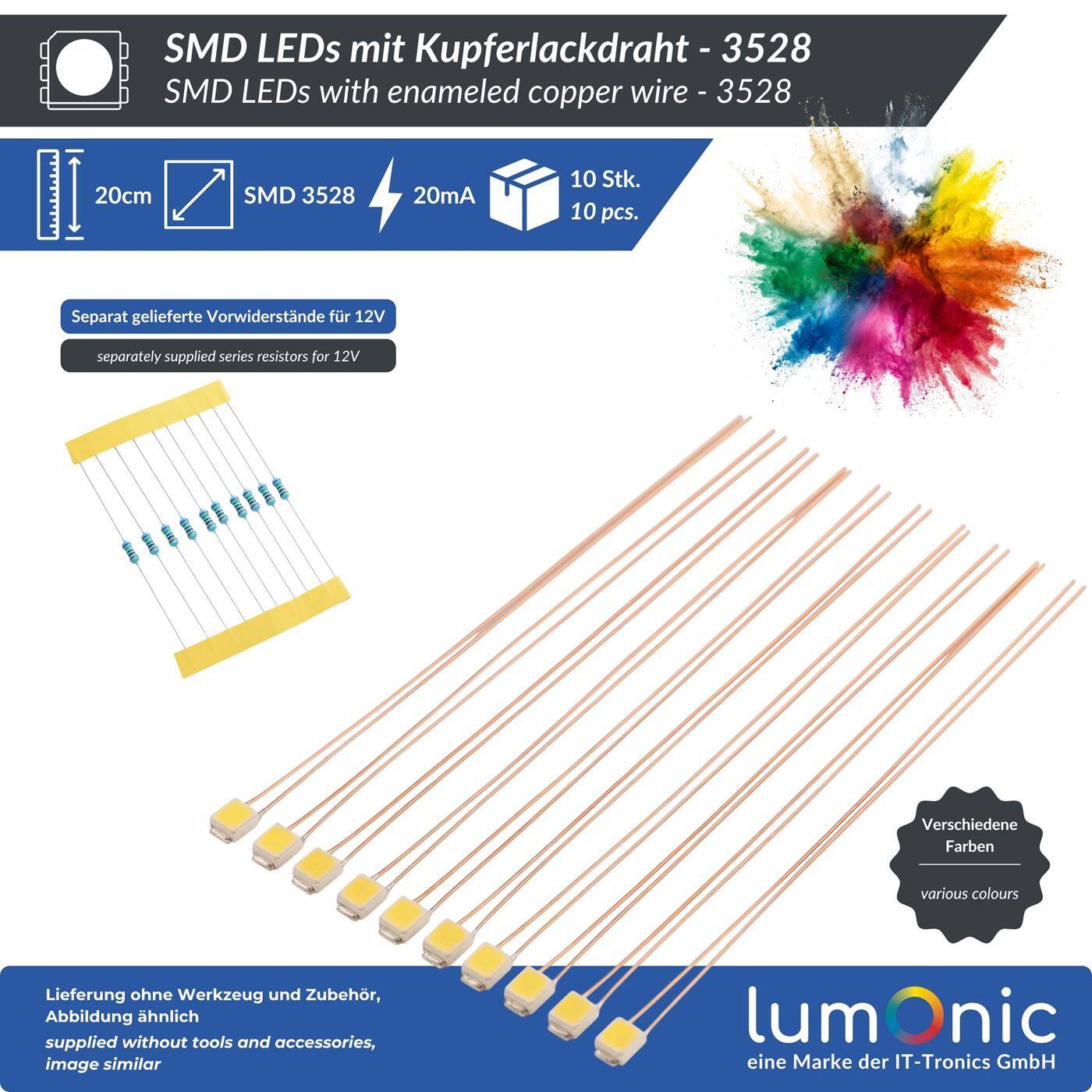 Lumonic 10x Superhelle LEDs vom Typ SMD 3528 - High Power LEDs mit Anschlussdraht zum selber Löten DIY in Farbe Rot - Durchmesser: 3,5x2,8mm