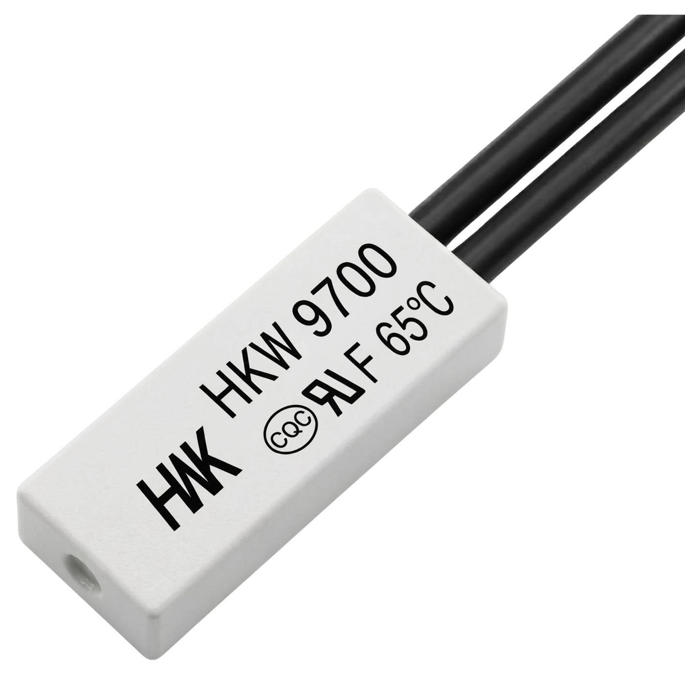 Lumonic HKW9700 Temperaturschalter flach | 65°C ± 5°C | Öffner NC | max. AC 250V/5A | max. DC 24V/8A | Kabel 70mm | 21x8x4mm | Thermoschalter, Bimetall, KSD9700 | Motoren, Netzteile, Heizlüfter