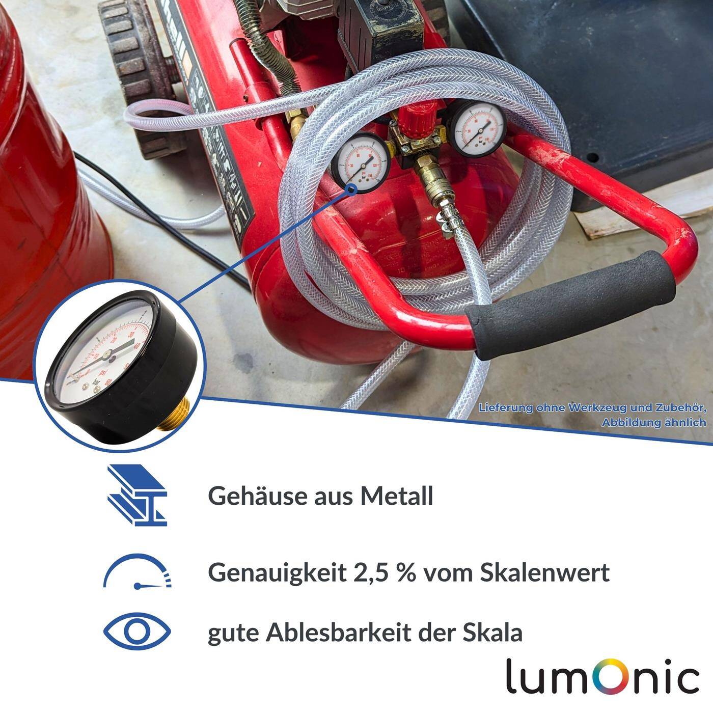 Lumonic I Manometer 0-6,0bar I 1/2 Zoll I Klasse 2,5 I Anschluss unten I Durchmesser 60mm I Druckmesser I für Druckluft und Wasser