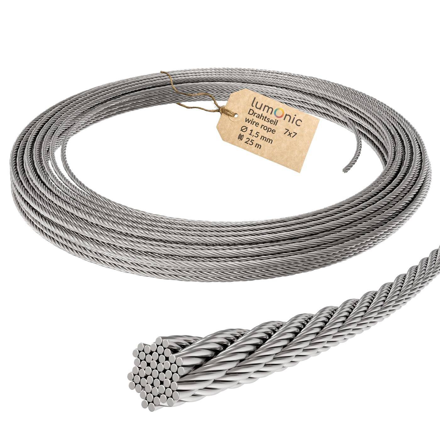 Lumonic Drahtseil 7x7 | 25m Ø1,5mm | V4A Edelstahl rostfrei | Stahlseil mit verzinnten Enden | für Rankhilfe, Wäscheleine, Lampen, Sichtschutz, Sonnensegel