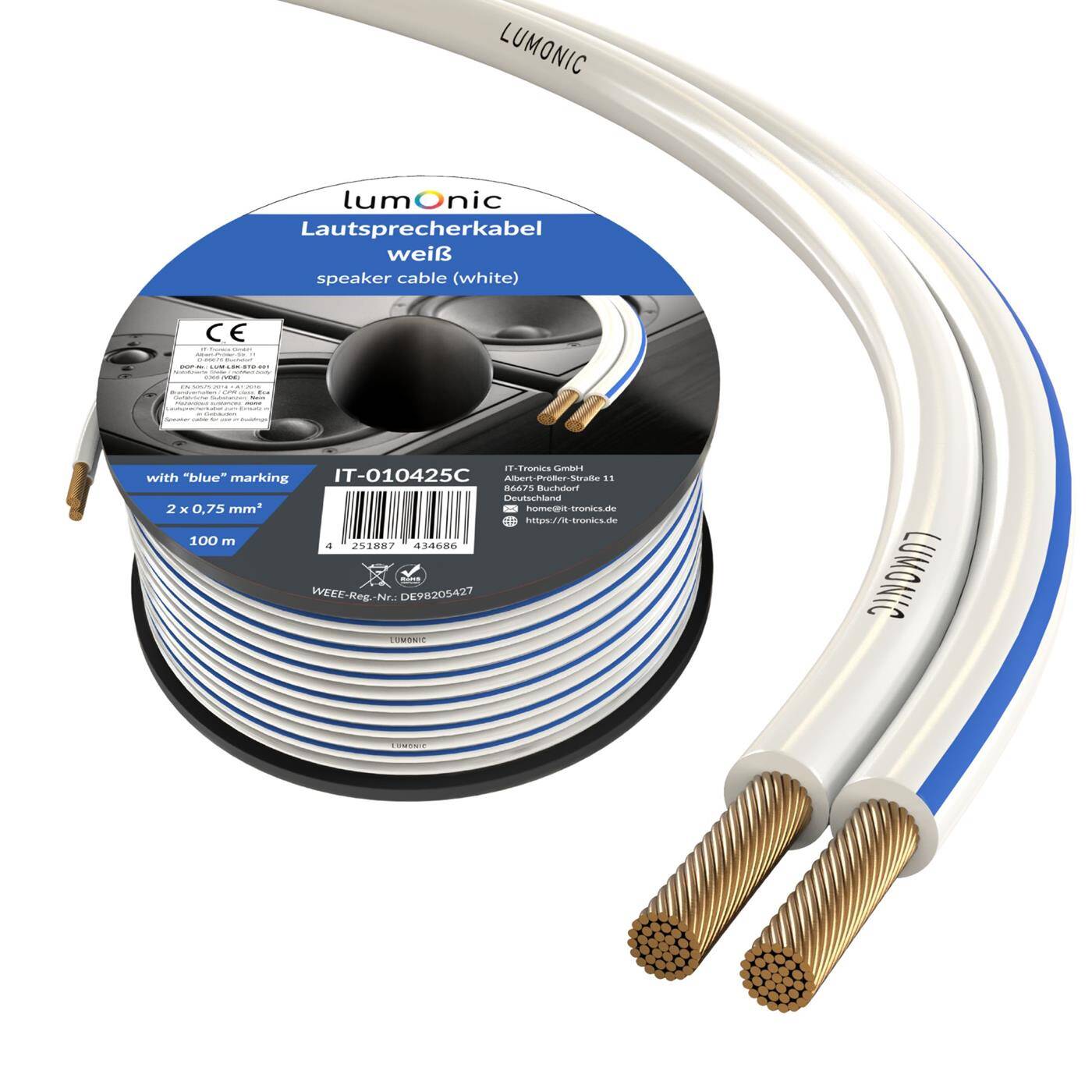 Lumonic Speaker cables | 100m White | 2x 0,75mm² CCA | Blue marking HiFi speaker cable | Audio twin line