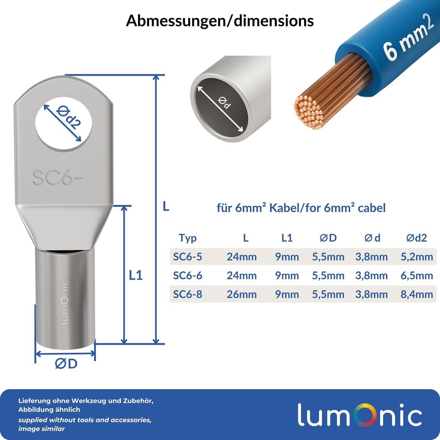 Lumonic 10x Rohrkabelschuh 6mm² blank | M5 | Kupfer verzinnt | Kabelverbindung ohne Löten | SC6-5, Set mit 10 Stück Crimp-Kabelschuh, Quetschverbinder | KFZ, Maschinenbau, Wohnmobil, Batterie