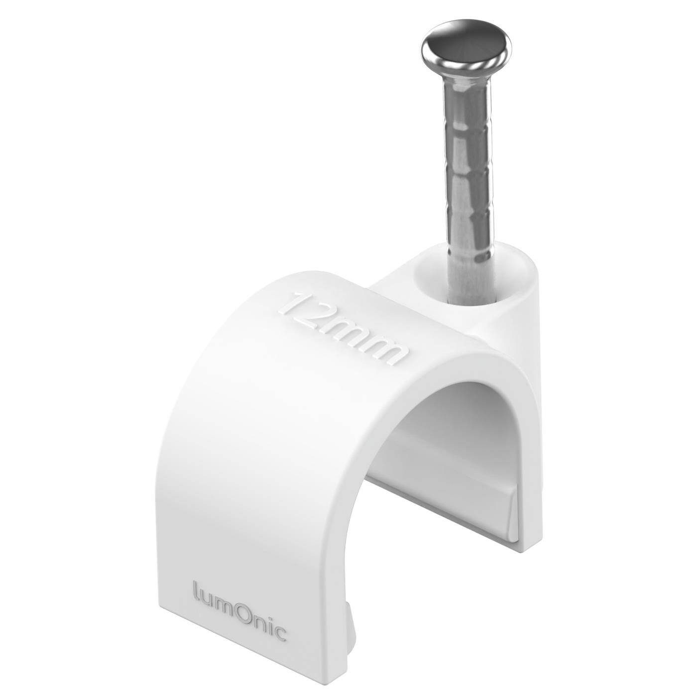 Lumonic 100x Nagelschelle 12mm für Kabel weiss - Kabelschelle mit 25mm Nagel z.B. zur Befestigung an der Wand - Kabelklemmen verschiedene Größen 4-14mm