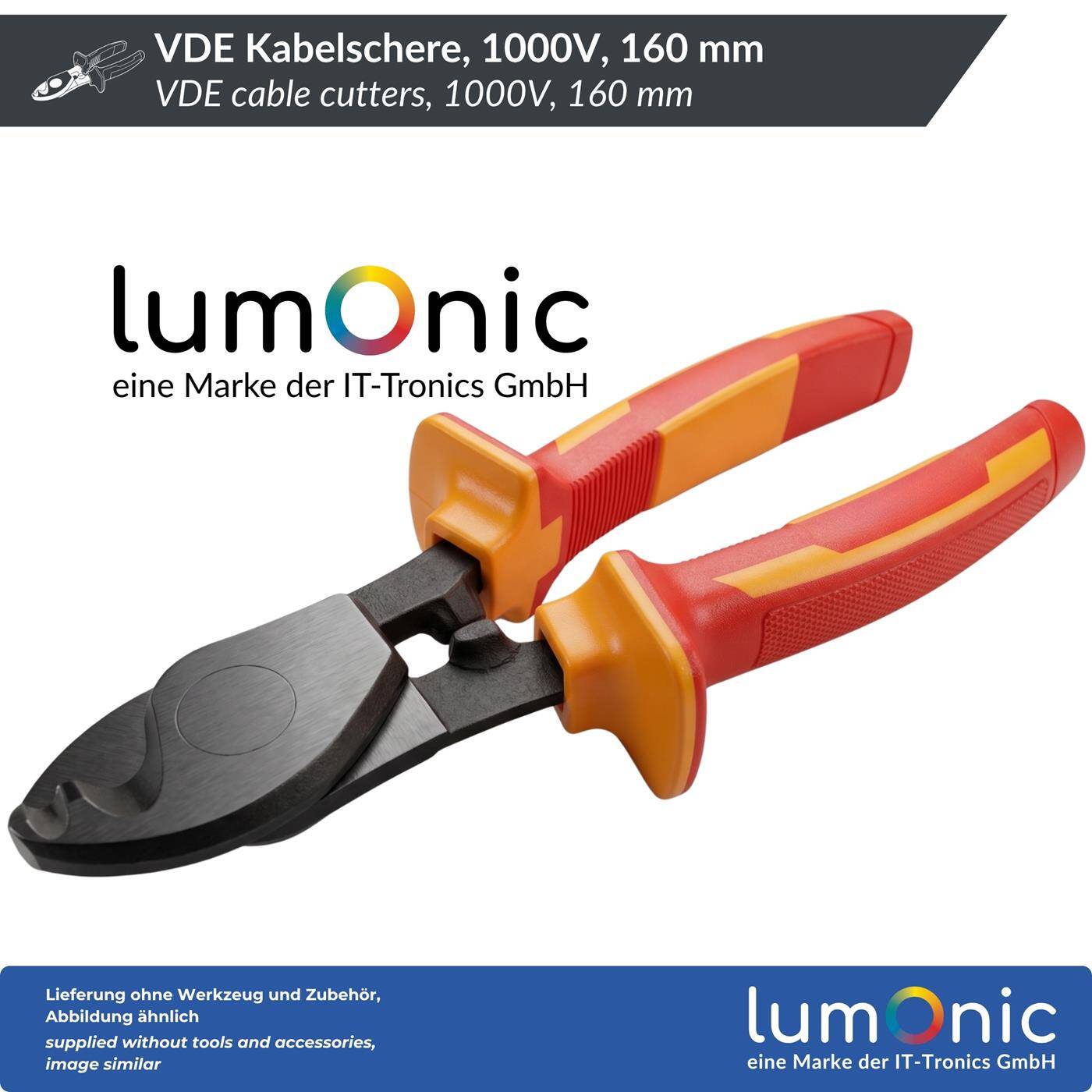 Lumonic VDE Cable Cutters 1000V, up to 22 mm², 160 mm - Hardened cutting edges, 60CrV steel, two-component handle, for supply cables in distribution systems and service connections