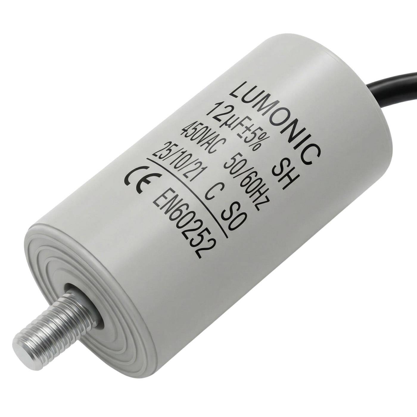 Lumonic Anlaufkondensator 12µF 450V | mit Kabel I 34x65mm I 12uF I Motorkondensator mit Kunststoffgehäuse I Betriebskondensator I für Pumpen, Rasenmäher, Werkzeuge