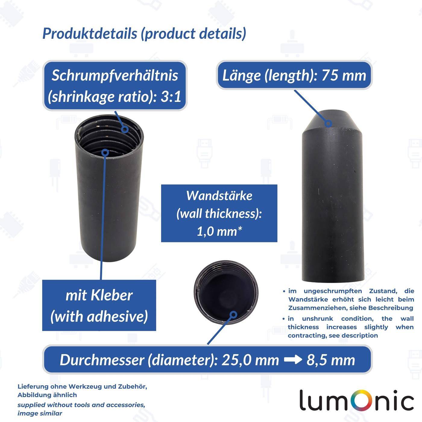 Warmschrumpf Endkappe mit Kleber 25 -> 8,5mm schwarz Verhältnis 3:1 vernetztes Polyolefin Schrumpfkappe für Kabel, Rohre und Seile