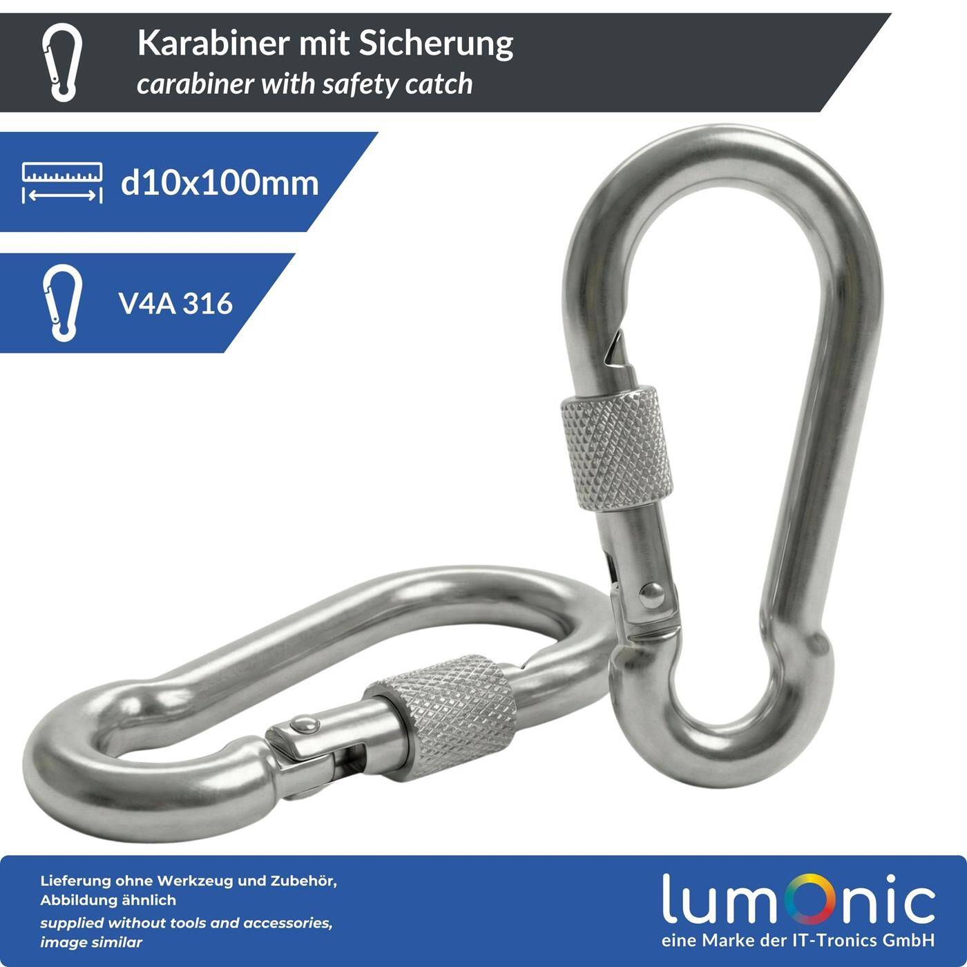 Carabiner with safety catch V4A stainless steel 10x100mm Stainless + seawater resistant Safety catch prevents unintentional opening for awning hammock dog camping