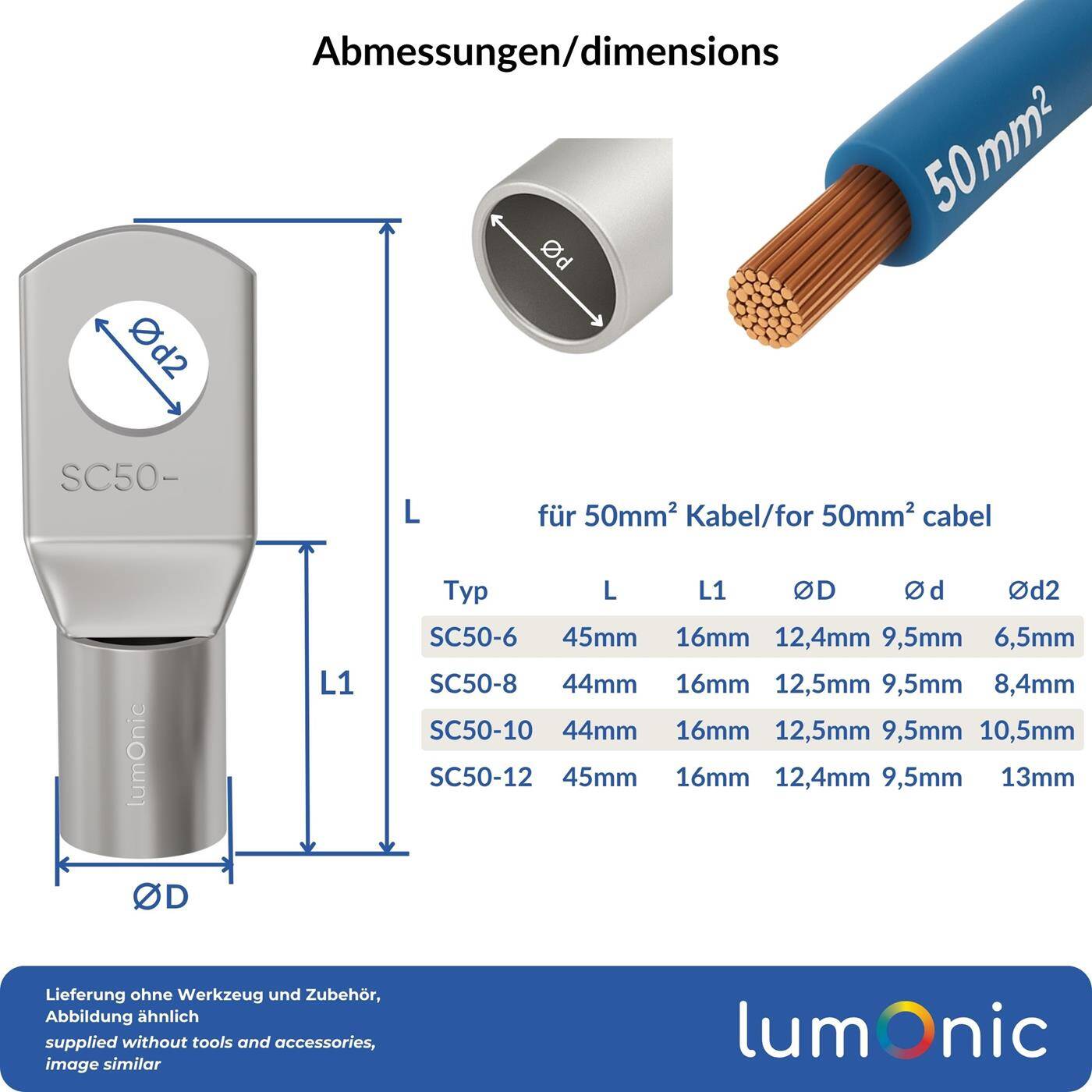Lumonic 1x Rohrkabelschuh 50mm² blank | M10 | Kupfer verzinnt | Kabelverbindung ohne Löten | SC50-10, Crimp-Kabelschuh, Quetschverbinder | KFZ, Maschinenbau, Wohnmobil, Batterie
