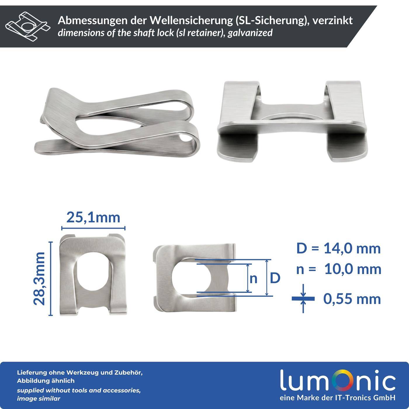 Lumonic 10 Stück SL-Sicherungen für Welle und Bolzen, Ø 14 mm - Sicherungsscheibe für genutete Wellen, Federstahl verzinkt, werkzeuglose Montage, für Garagentor und Rasenmäher