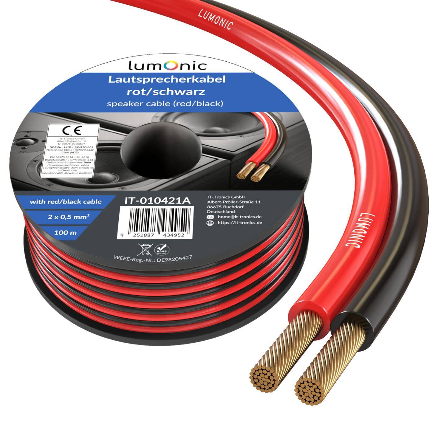 Lumonic Speaker cables | 100m Red Black | 2x 0,5mm² CCA | HiFi speaker cable | Audio twin line