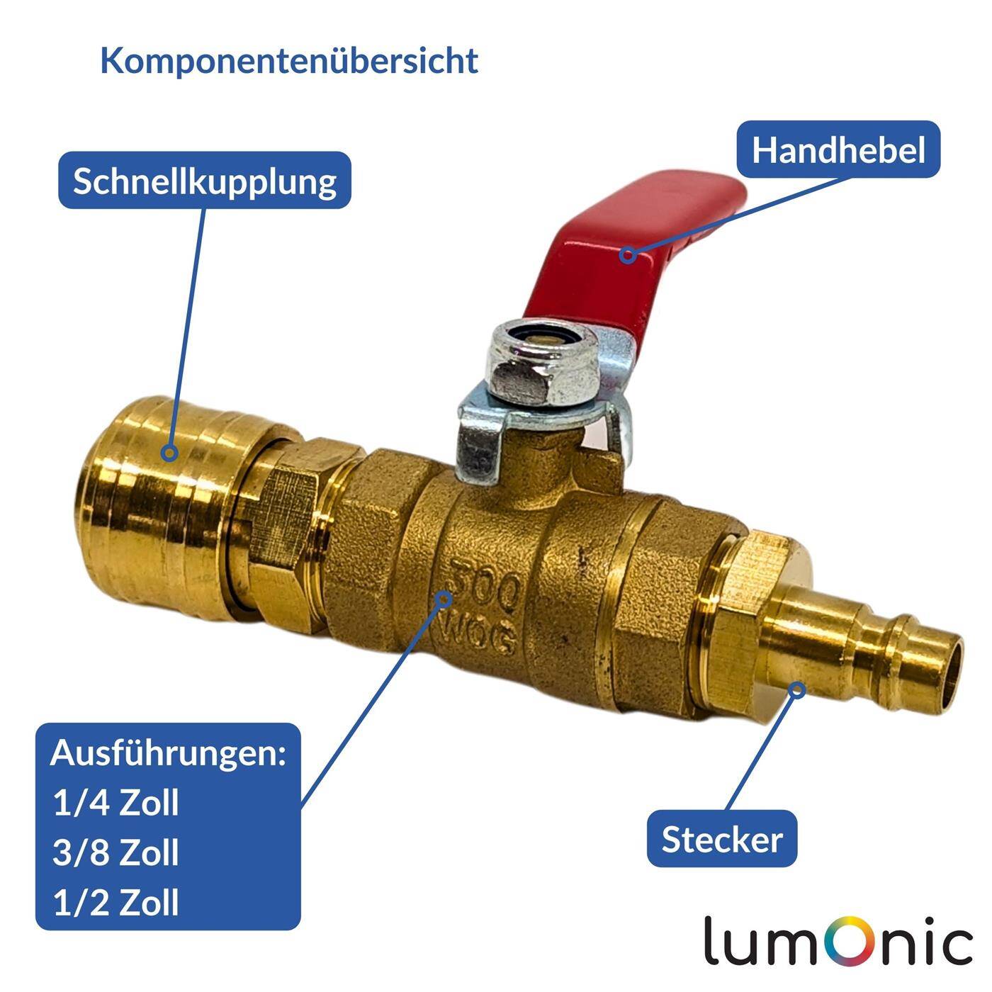 Lumonic I Kugelhahn 1/4 Zoll mit Schnellkupplung und Stecker I korrosionsbeständiges Messing I Absperrhahn I für Druckluft I Werkstatt