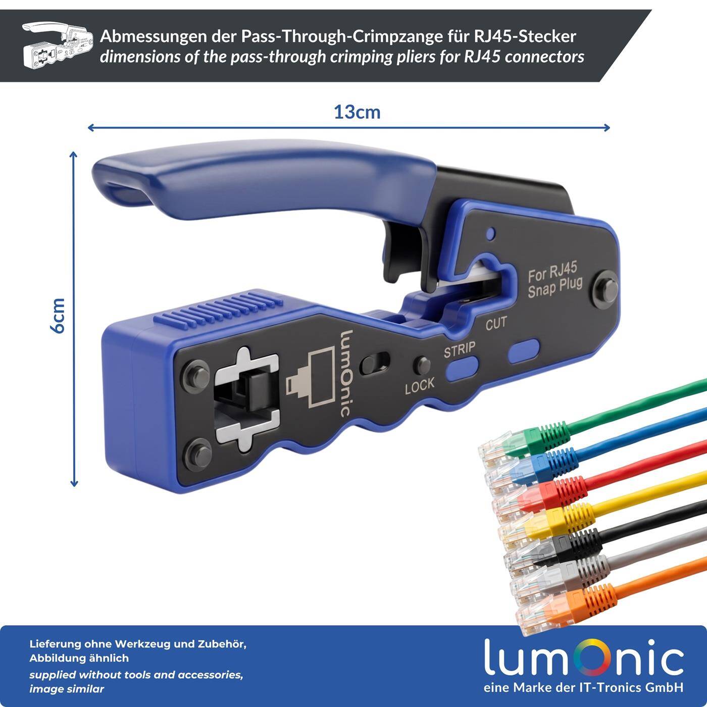 Lumonic Pass-Through Crimping Pliers for RJ45 Connectors - for pass-through connectors, metal body, crimping and front-end cutting in a single operation, all CAT classes