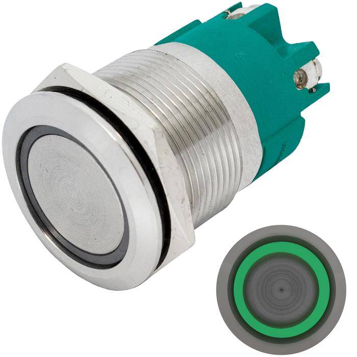 Edelstahl Druckschalter Flach Ø22mm Ring LED Grün IP65 Schraubanschluss 250V 3A Vandalismussicher