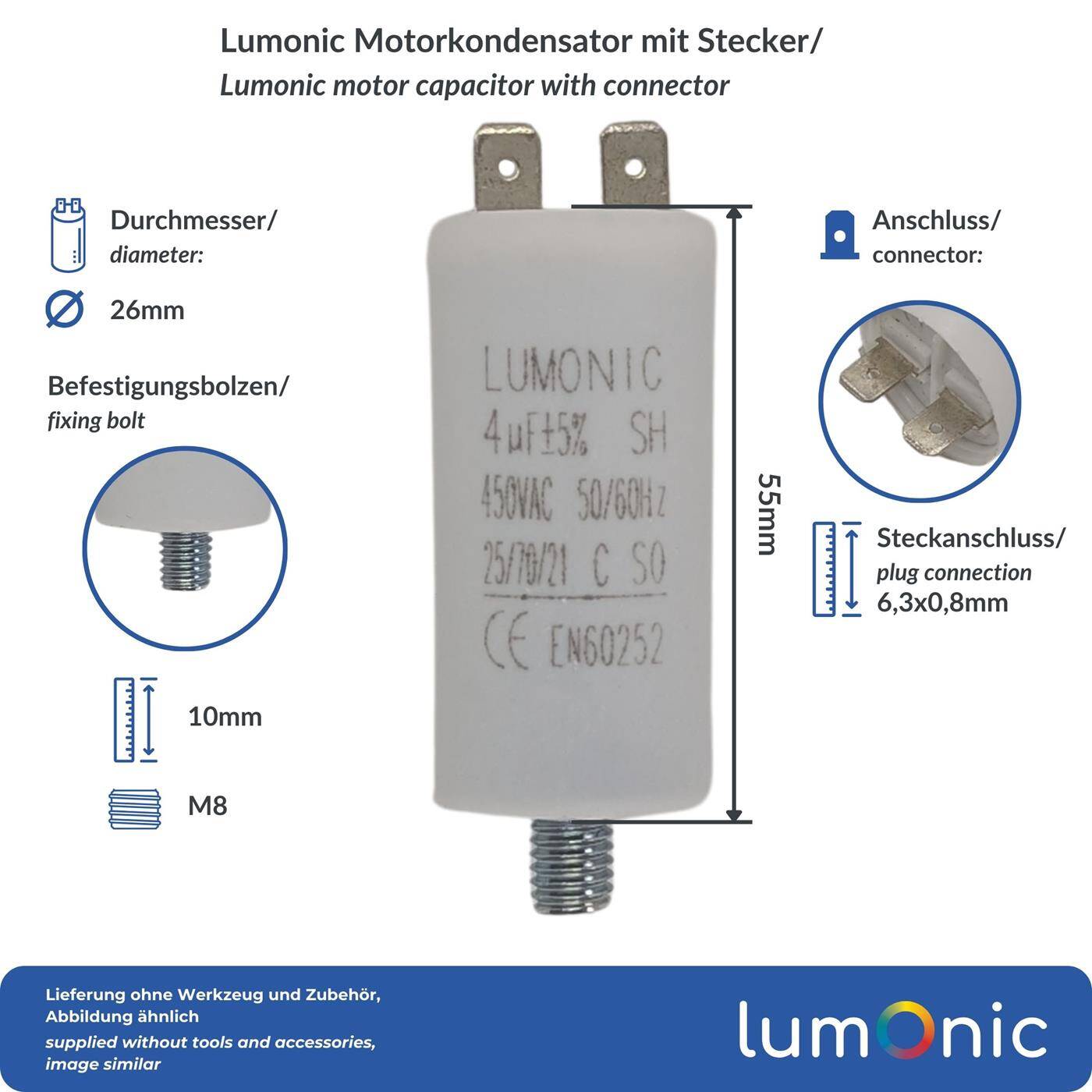 Lumonic Anlaufkondensator 4µF 450V | mit Stecker I 26x55mm I 4uF I Motorkondensator mit Kunststoffgehäuse I Betriebskondensator I für Pumpen, Rasenmäher, Werkzeuge