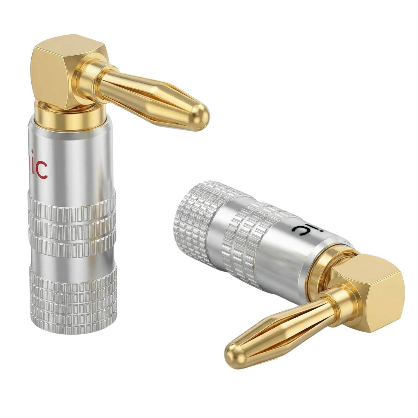 2er Set HiFi Bananenstecker silber, gewinkelt, schraubbar, vergoldete 4mm Kontakte, für 0,75mm²…4,0mm², Metallgehäuse, für Verstärker, Lautsprecher, Surround-System