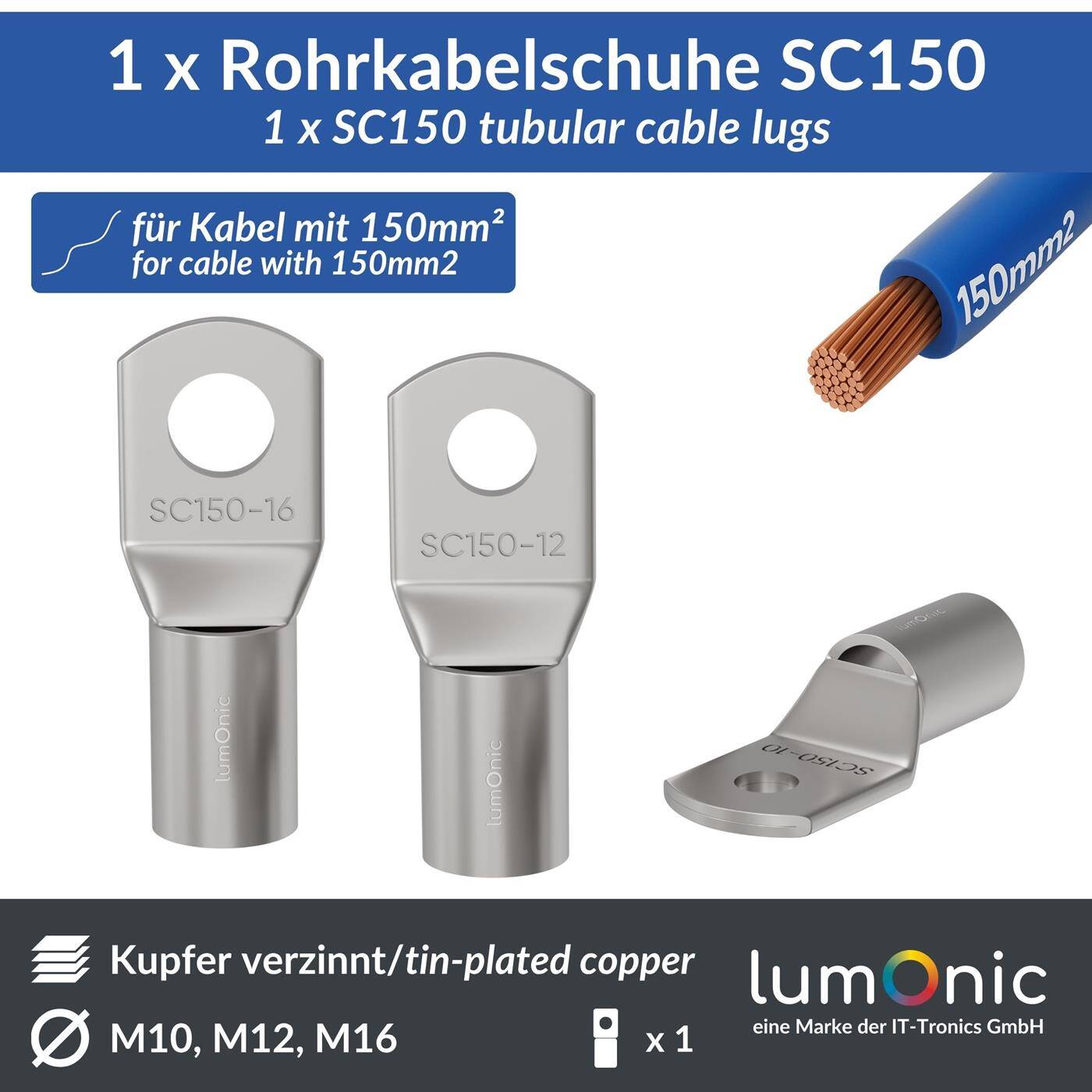 Lumonic 1x Rohrkabelschuh 150mm² blank | M10 | Kupfer verzinnt | Kabelverbindung ohne Löten | SC150-10, Crimp-Kabelschuh, Quetschverbinder | KFZ, Maschinenbau, Wohnmobil, Batterie