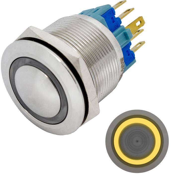 Edelstahl Druckschalter gewölbt Ø25mm Ring LED Gelb IP65 2,8x0,5mm Pins 250V 3A Vandalismussicher