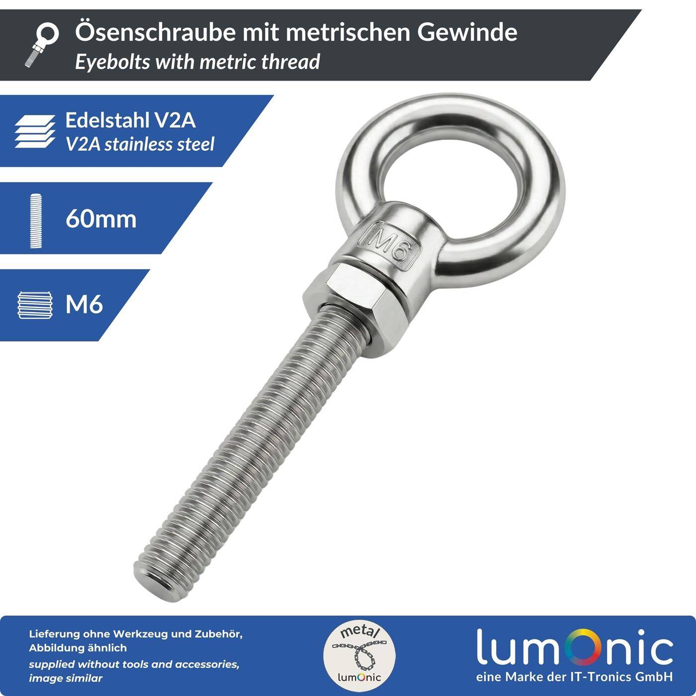 Lumonic Eye bolt V2A stainless steel incl. nut + washer | M6x60mm |  | Push-through mounting | Eyebolt for awning, hammock, swing + chains