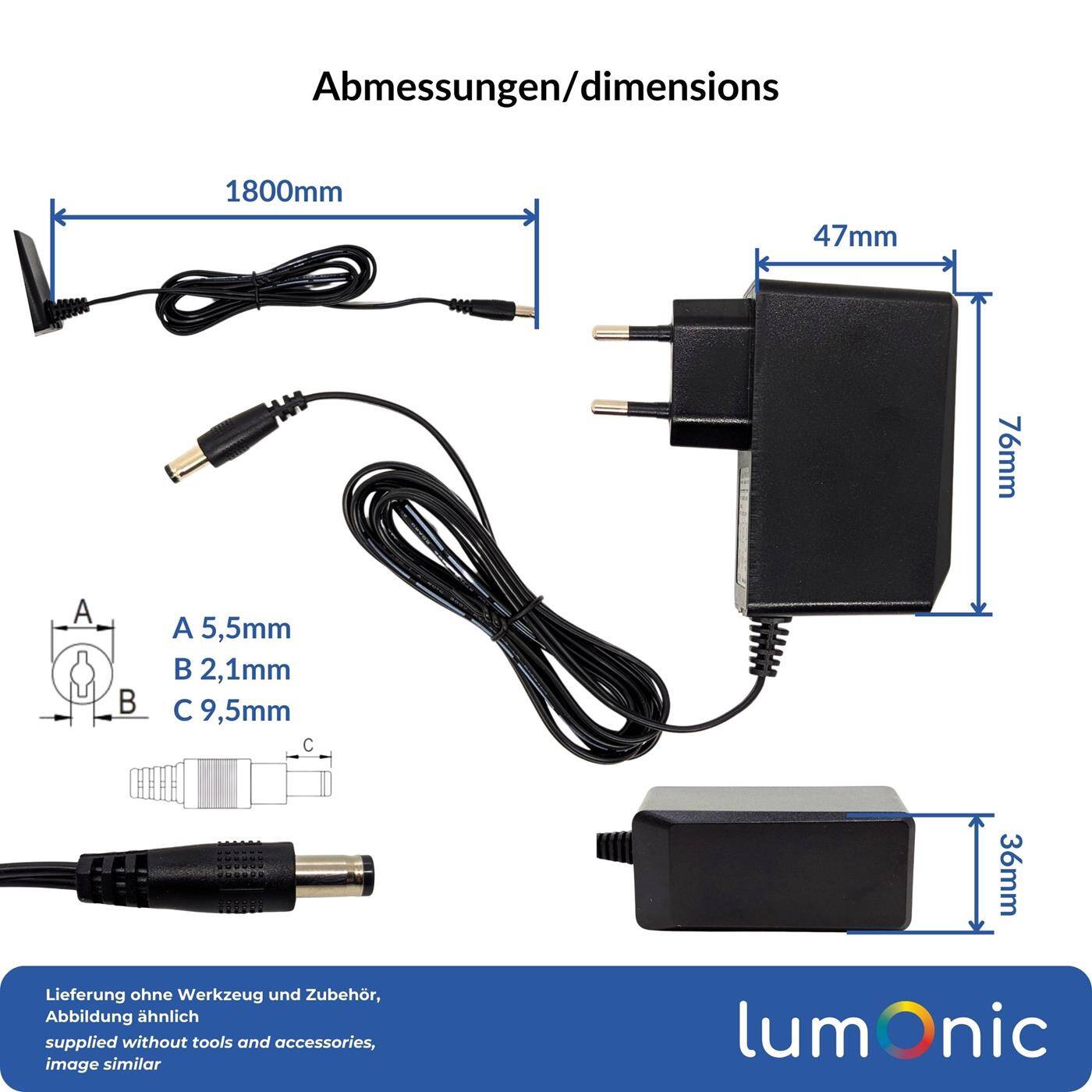 Lumonic I LED plug-in power supply PIP-24-12 I 12V 24W I Input 100-240VAC I Extra long cable with hollow plug 5,5/2,1 I Overload protection I universeller EU-Netzadapter I for LED strips