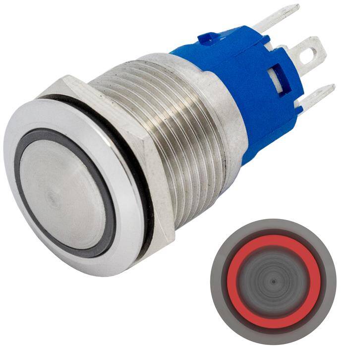 Stainless steel Pressure switch domed Ø19mm Ring LED Red IP65 2,8x0,5mm Pins 250V 3A Vandal-proof