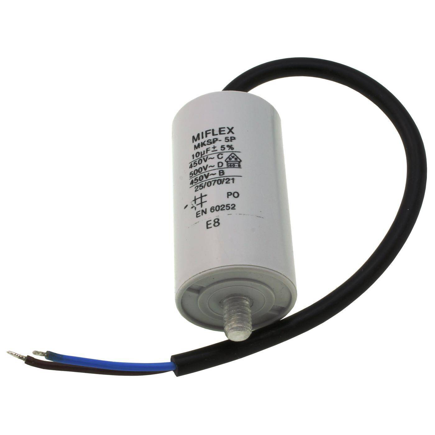 Anlaufkondensator Motorkondensator 10µF 450V 35x65mm Kabel  Miflex 10uF