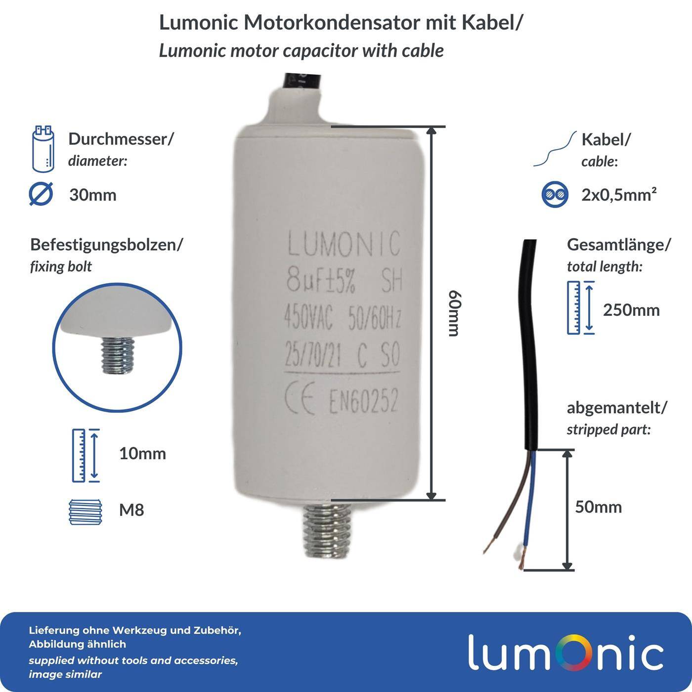Lumonic Anlaufkondensator 8µF 450V | mit Kabel I 30x60mm I 8uF I Motorkondensator mit Kunststoffgehäuse I Betriebskondensator I für Pumpen, Rasenmäher, Werkzeuge