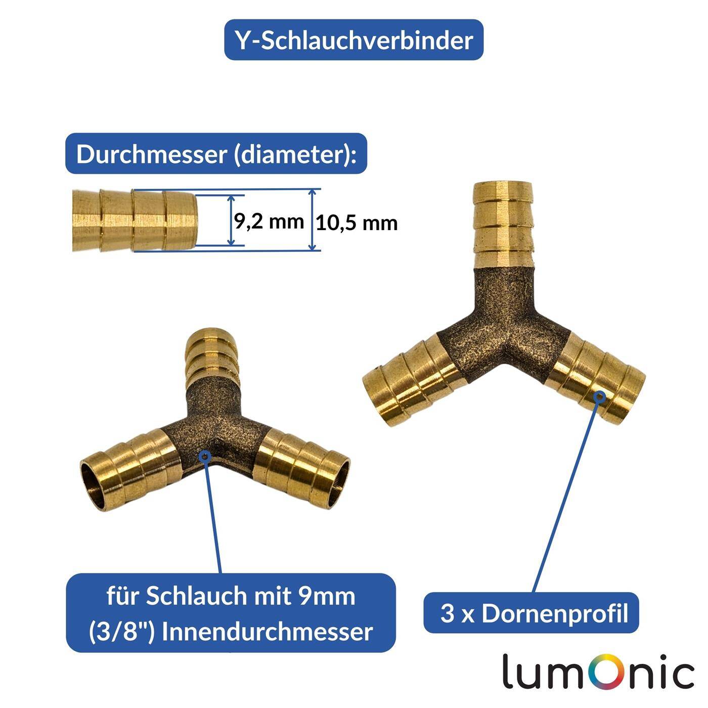 Lumonic I Y-hose connector I for 9mm (3/8") hose I made of brass I Y-connector I Y-piece I with spike profile I Compressed air I for workshops, businesses and DIY enthusiasts
